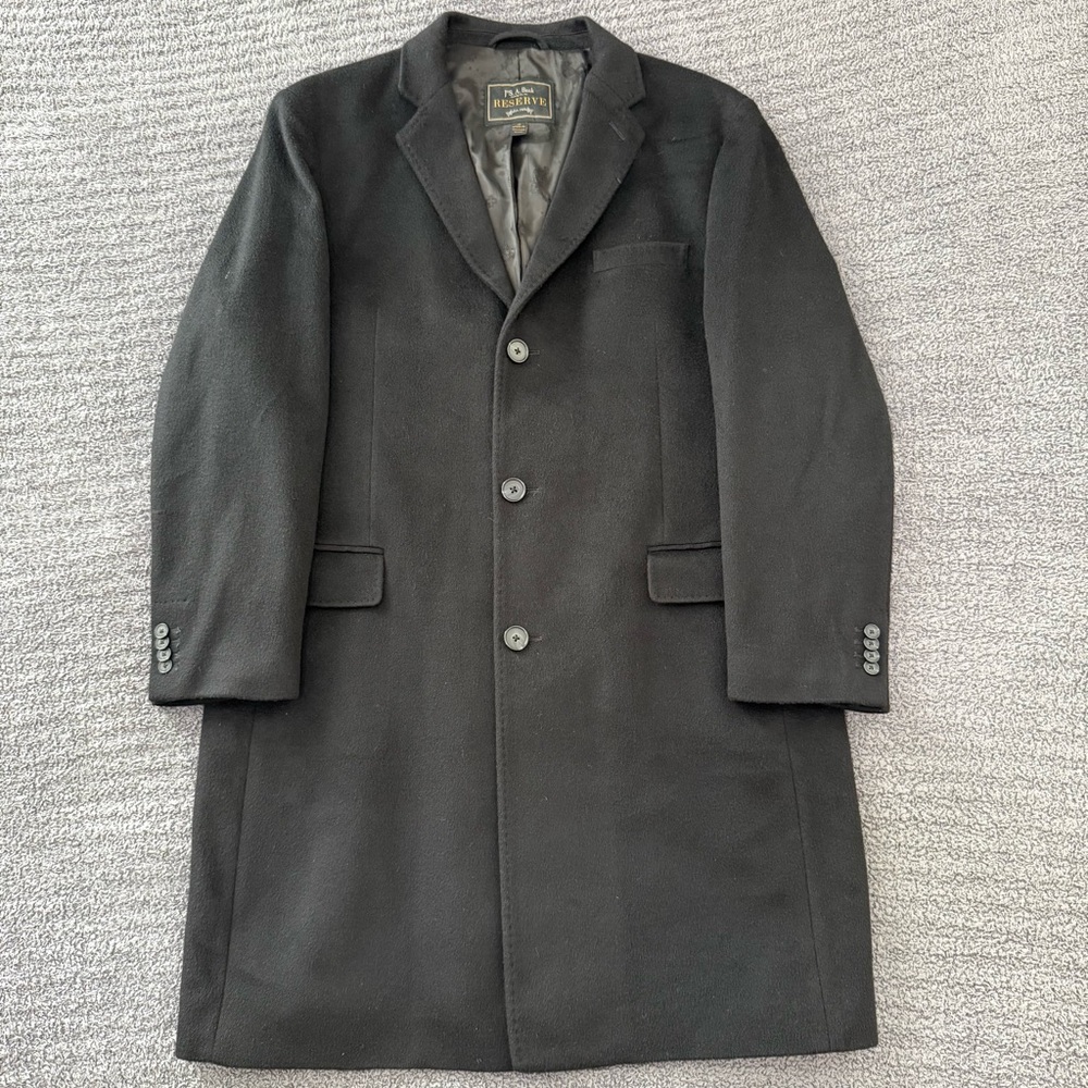 🔥 100% Cashmere Jos A Bank Reserve Black Overcoat Men’s 46R Luxury Topcoat Y2K